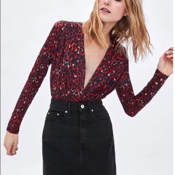 Zara red black long sleeve leopard animal cheetah print deep V bodysuit Sz L - Picture 5 of 15
